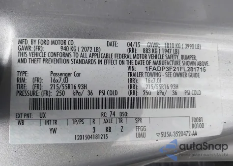 2015 Ford Focus Se from USA, damaged, VIN 1FADP3F21FL281715